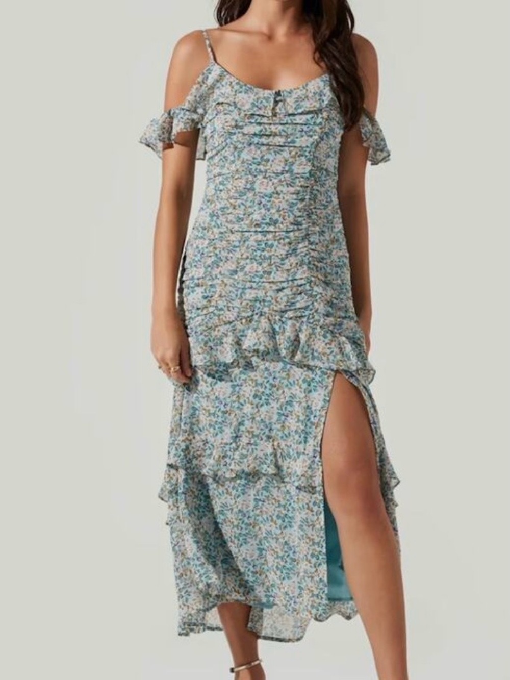 ASTR Daisy Dell Ruffle Spaghetti Strap Midi Dress - Blue Floral